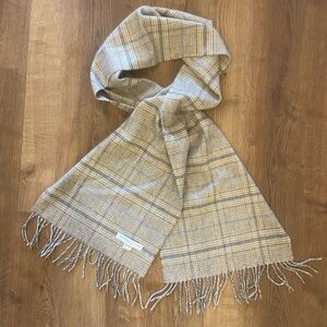 Johnstons of Elgin merino wool and angora Tan/Blue Check Scarf with fringe
